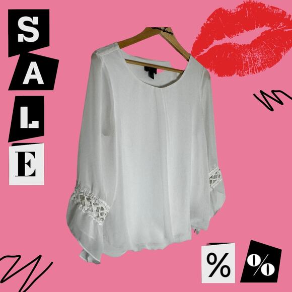 Women's AB Studio White Boho Chic Bubble hem Bell Sleeve Top L - Picture 9 of 13